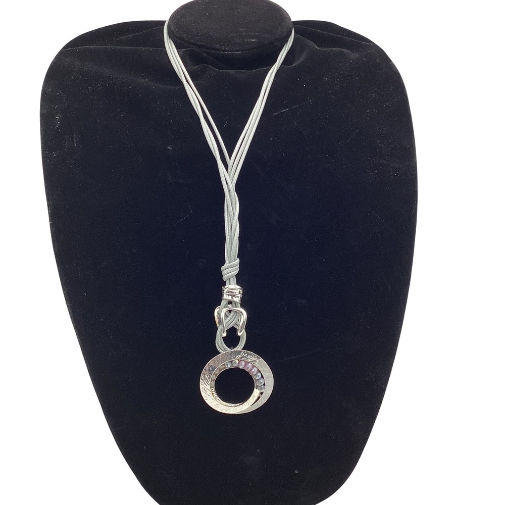 Grey Multi Strand Cord Silver Tone Circle‎ Bead Pendant Necklace Jewelry